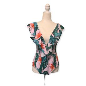 Women's XL One Piece Tropical V-Neck Ruffle Bathing Suit